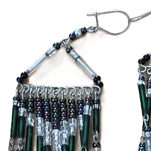 🆕 Boho Beaded Dangle Earrings | Lightweight Long Iridescent Silver Green Black - Picture 4 of 5